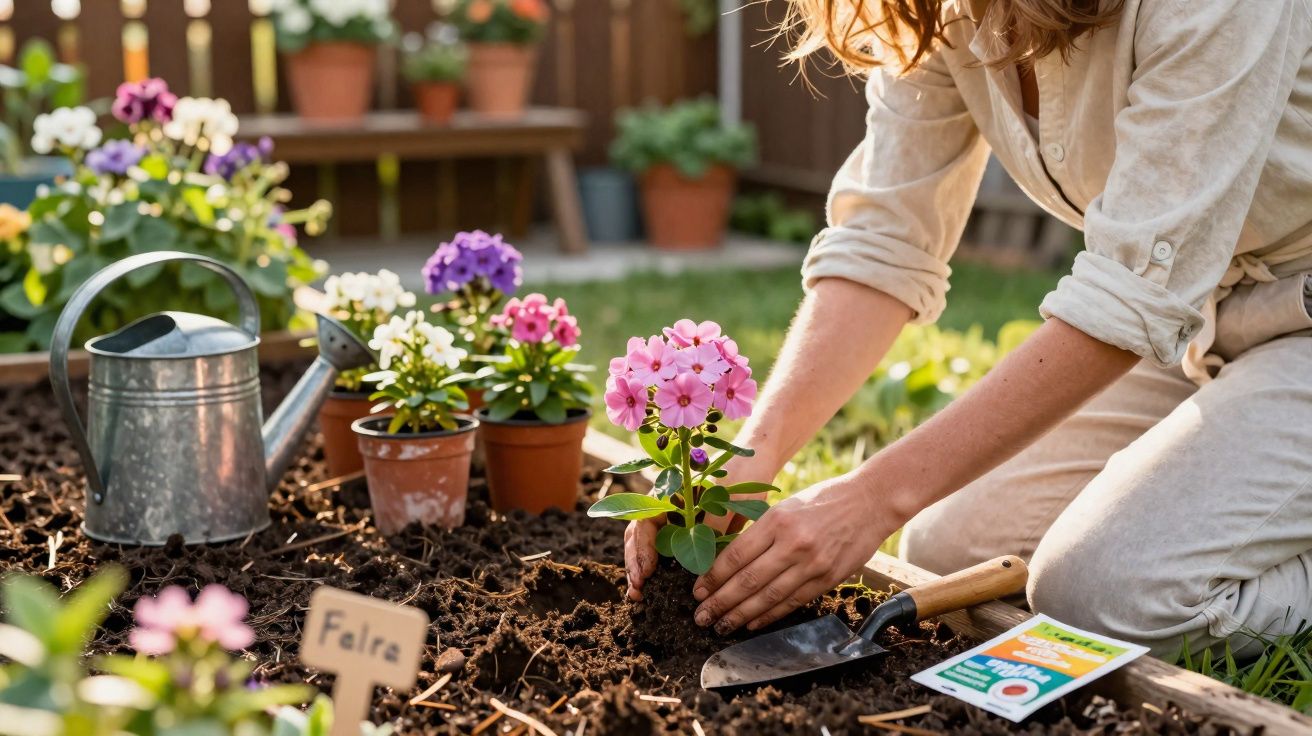 Pessoa a plantar flores cor-de-rosa num canteiro de jardim com regador e sementes ao lado.