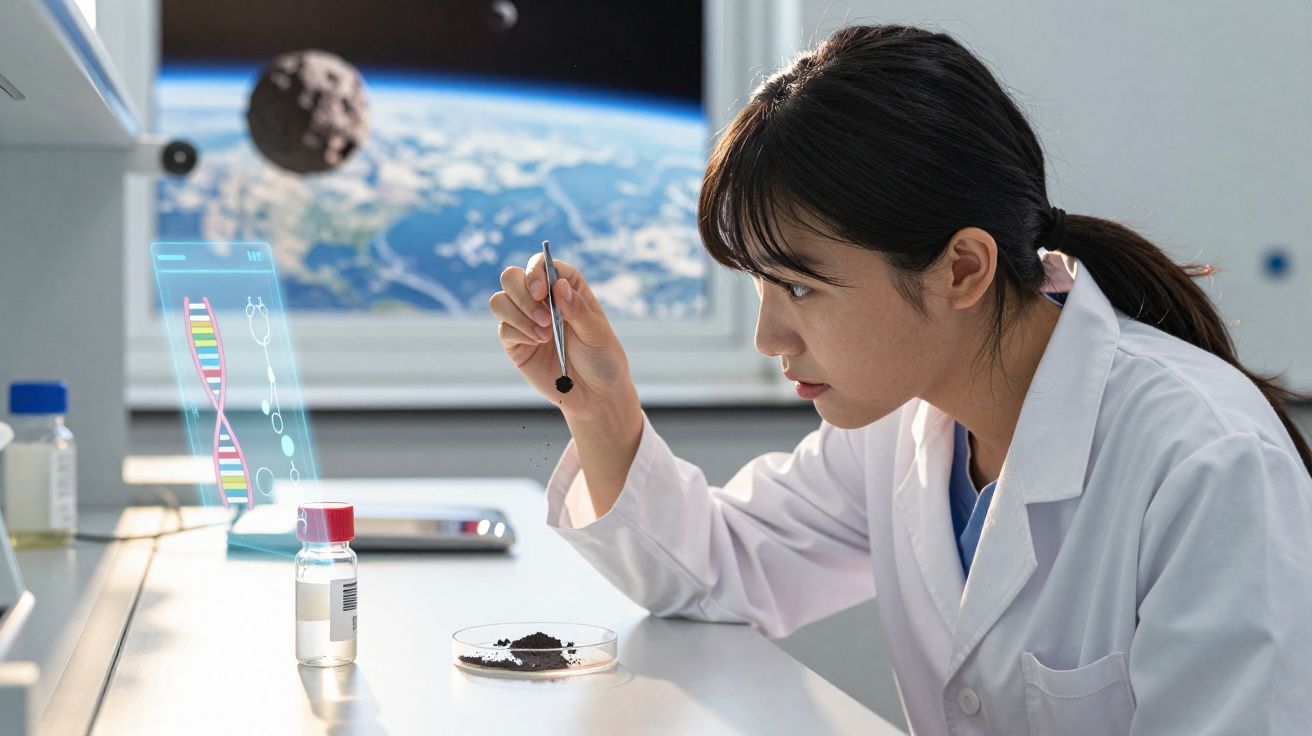 Cientista mulher analisa amostra em laboratório com visão do espaço e DNA holográfico ao fundo.