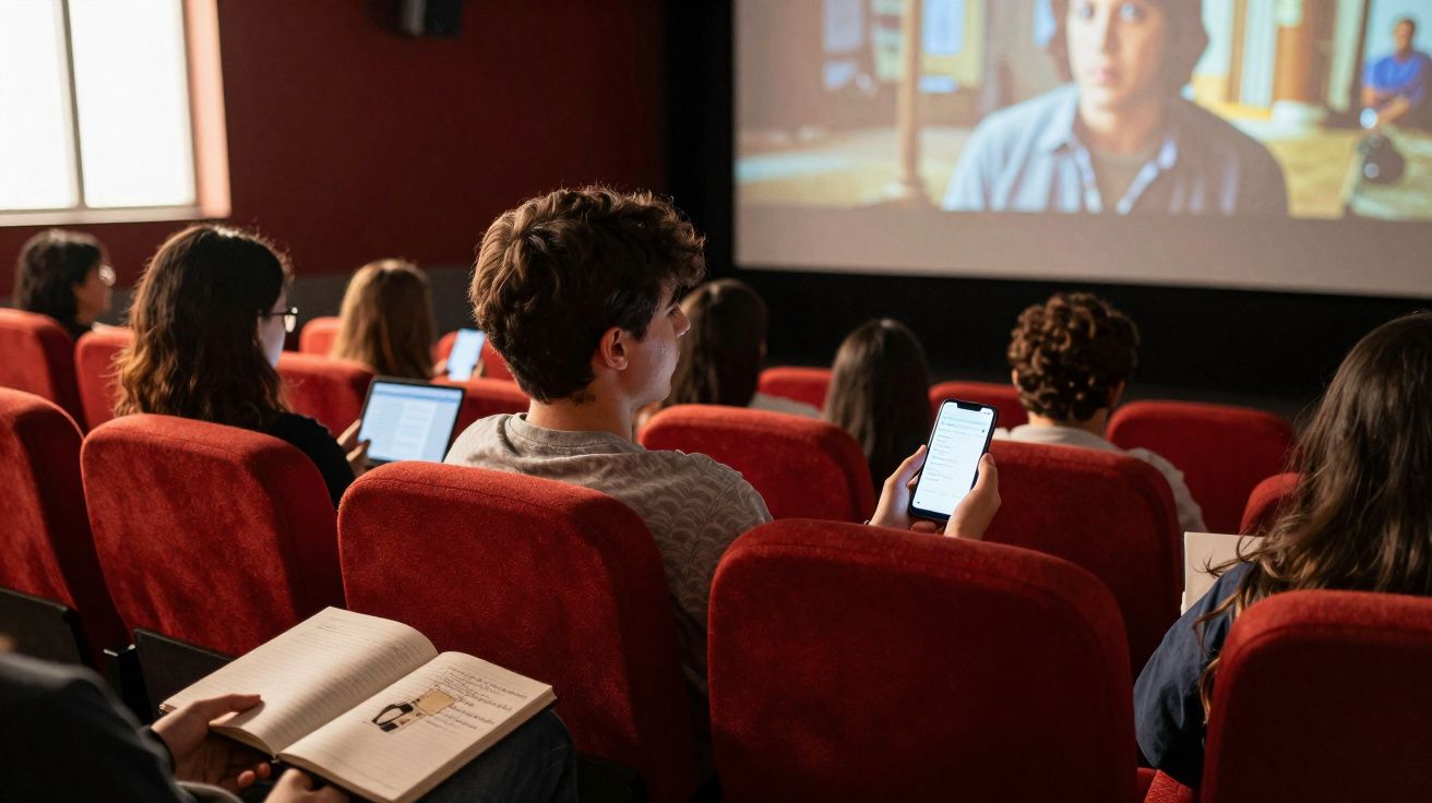 Pessoas sentadas em cadeiras vermelhas numa sala de cinema, algumas usam telemóveis e computadores portáteis.