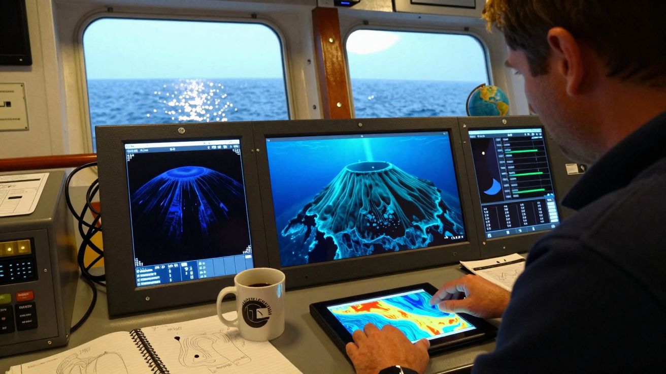 Homem numa cabine de controlo com três ecrãs a mostrar imagens submarinas e a usar um tablet táctil.