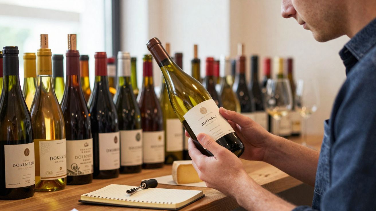 Pessoa a segurar garrafa de vinho branco, várias garrafas alinhadas e caderno com saca-rolhas numa mesa.