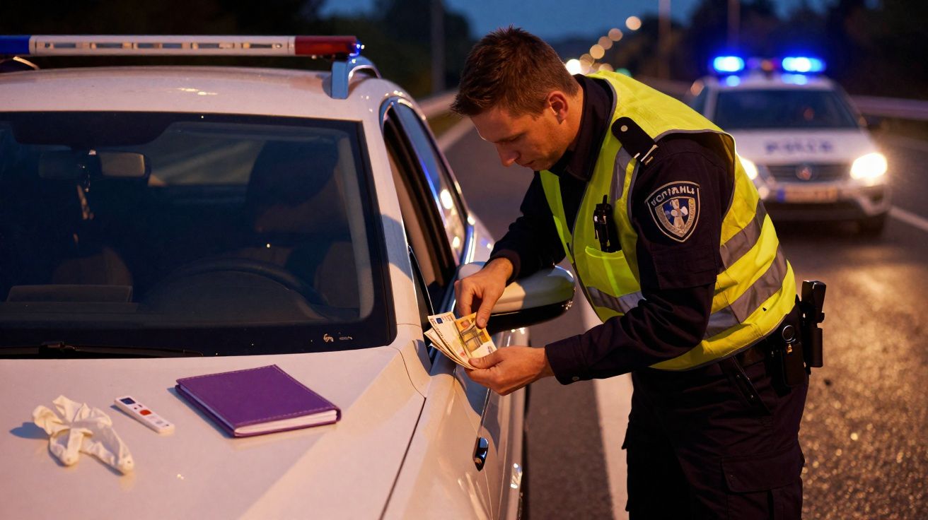 Polícia a contar notas de euro junto a carro na estrada durante operação à noite.
