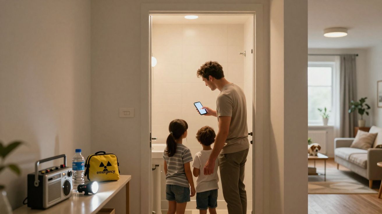 Homem com duas crianças numa casa, a usar telemóvel para ver informações na casa-de-banho durante um apagão.