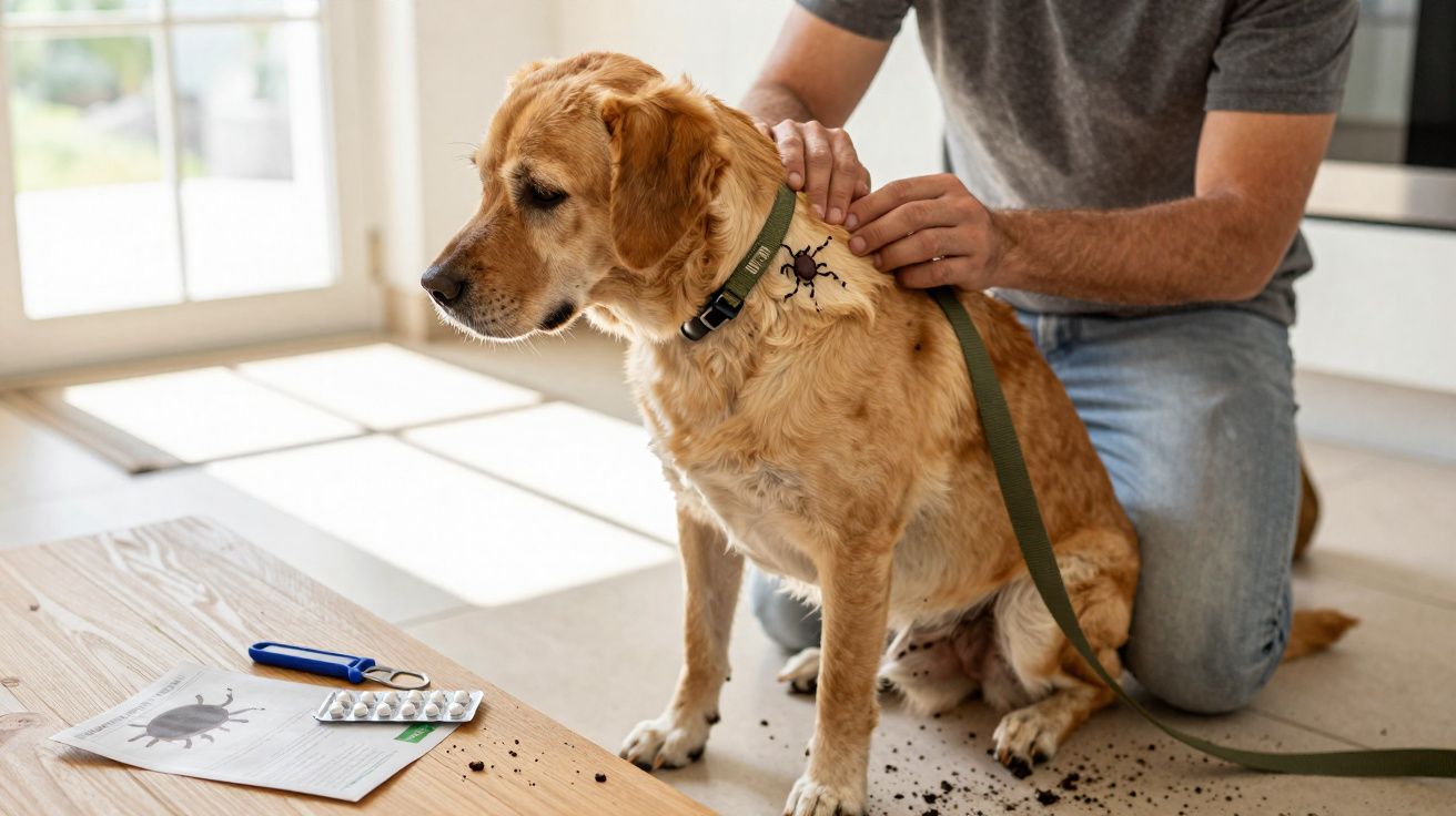 Homem a examinar carraça no cão dourado dentro de uma casa bem iluminada.