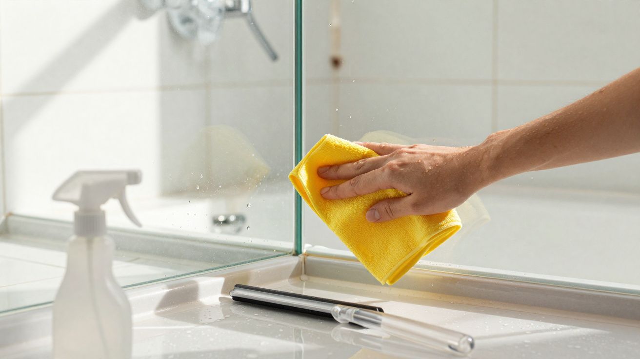 Pessoa a limpar um espelho na casa de banho com um pano amarelo e produtos de limpeza à vista.