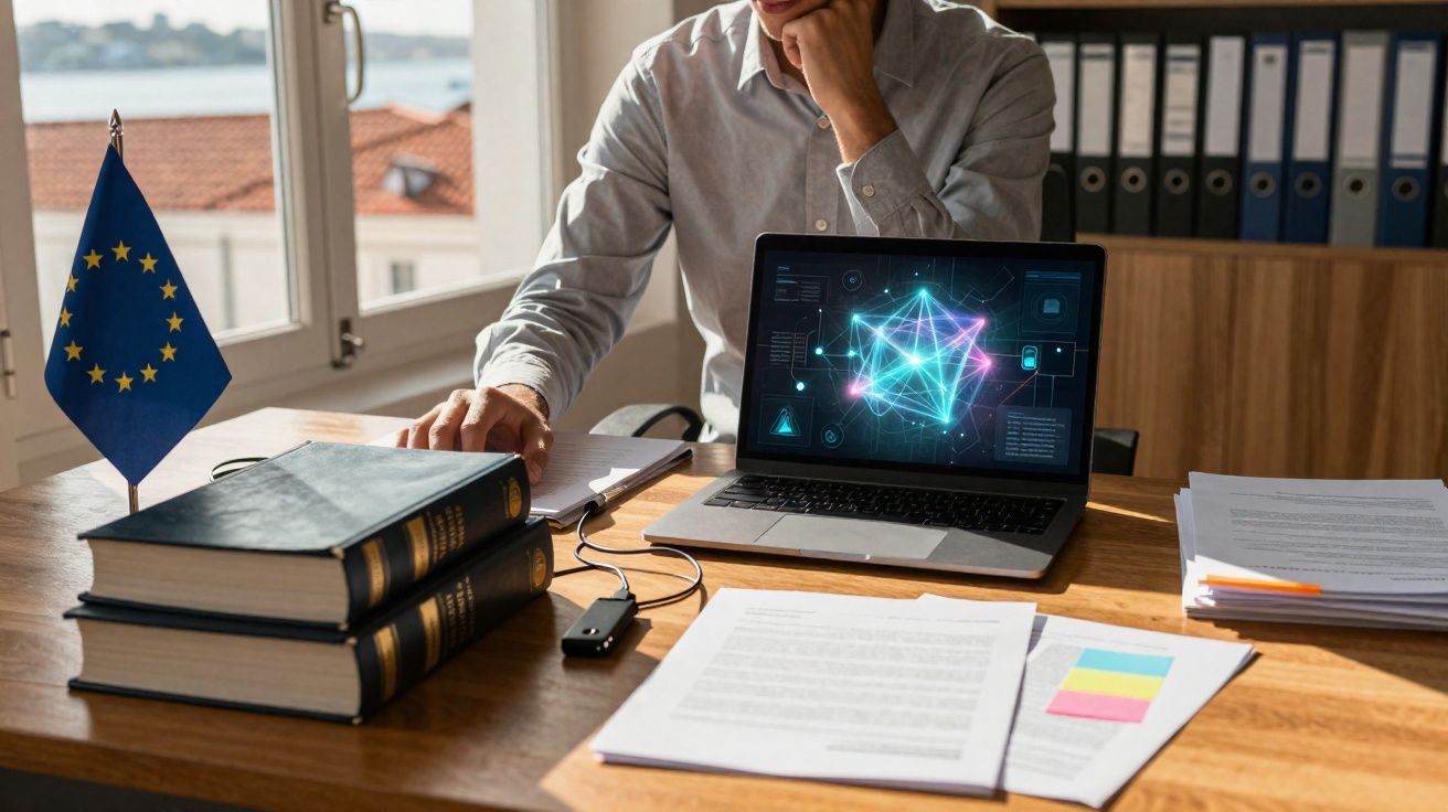 Pessoa a trabalhar num computador com gráficos digitais, junto a livros, documentos e bandeira da União Europeia.