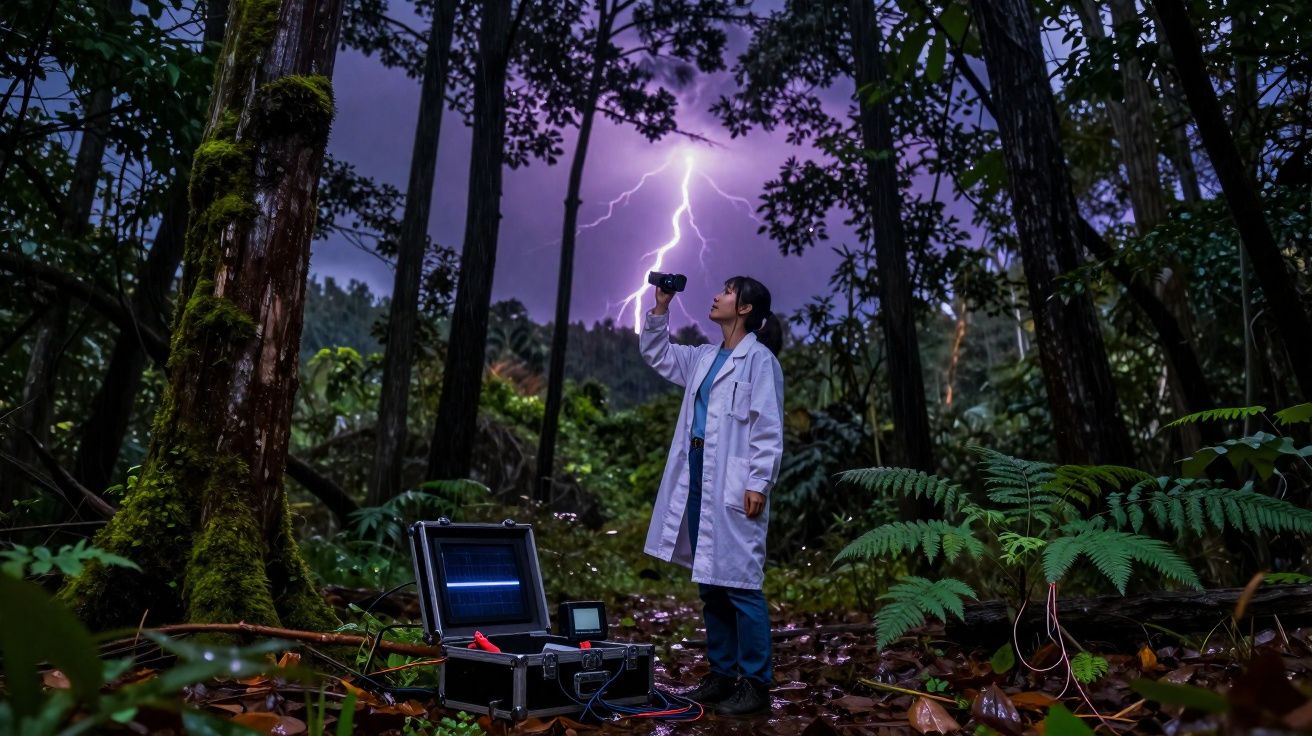 Cientista em floresta a capturar descarga elétrica durante tempestade, com equipamento científico no chão.