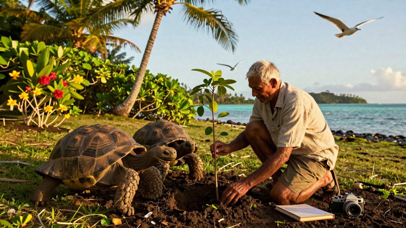 Homem idoso planta árvore perto da praia com duas tartarugas gigantes e flores tropicais ao fundo.