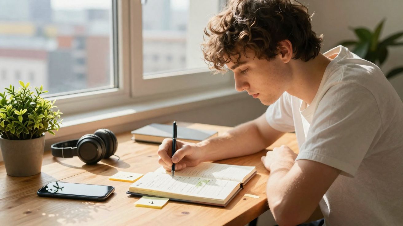 Jovem sentado à secretária junto à janela, escrevendo num caderno com caneta preta numa sala iluminada.