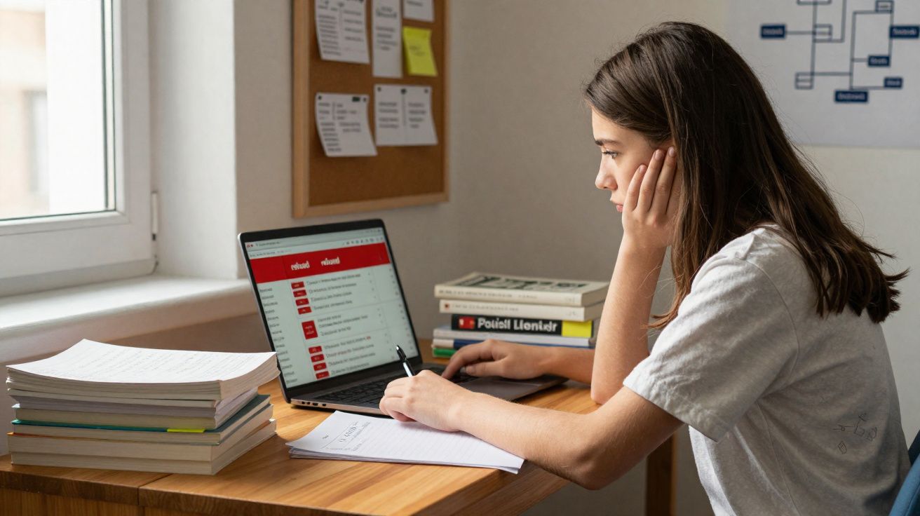 Jovem a estudar sentada numa secretária, a escrever em caderno e usar portátil com livros ao lado.