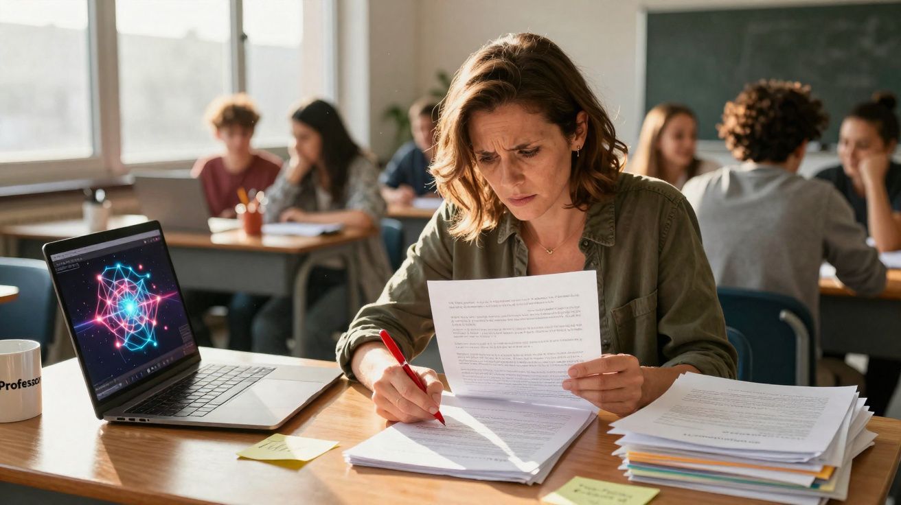 Professora concentrada a corrigir testes, com laptop e papéis numa sala de aula com alunos ao fundo.