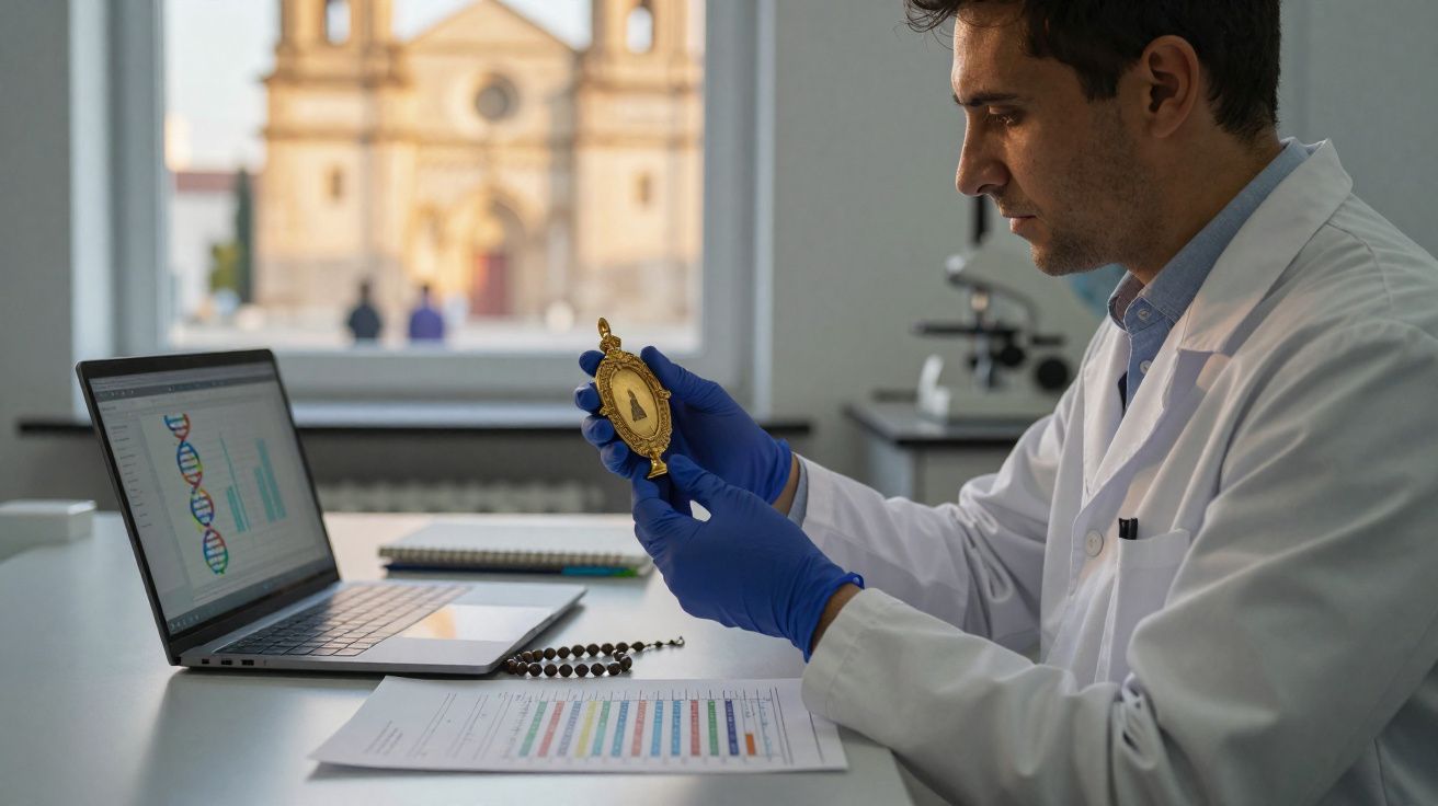 Cientista de luvas azuis examina relicário dourado numa mesa com laptop e gráfico de ADN.