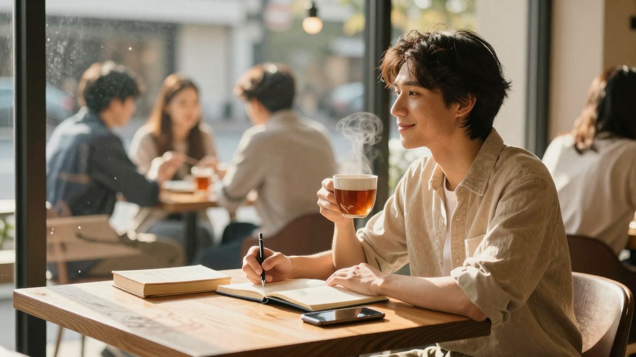Jovem sentado numa cafetaria, a escrever num caderno e a beber chá quente junto a uma janela.