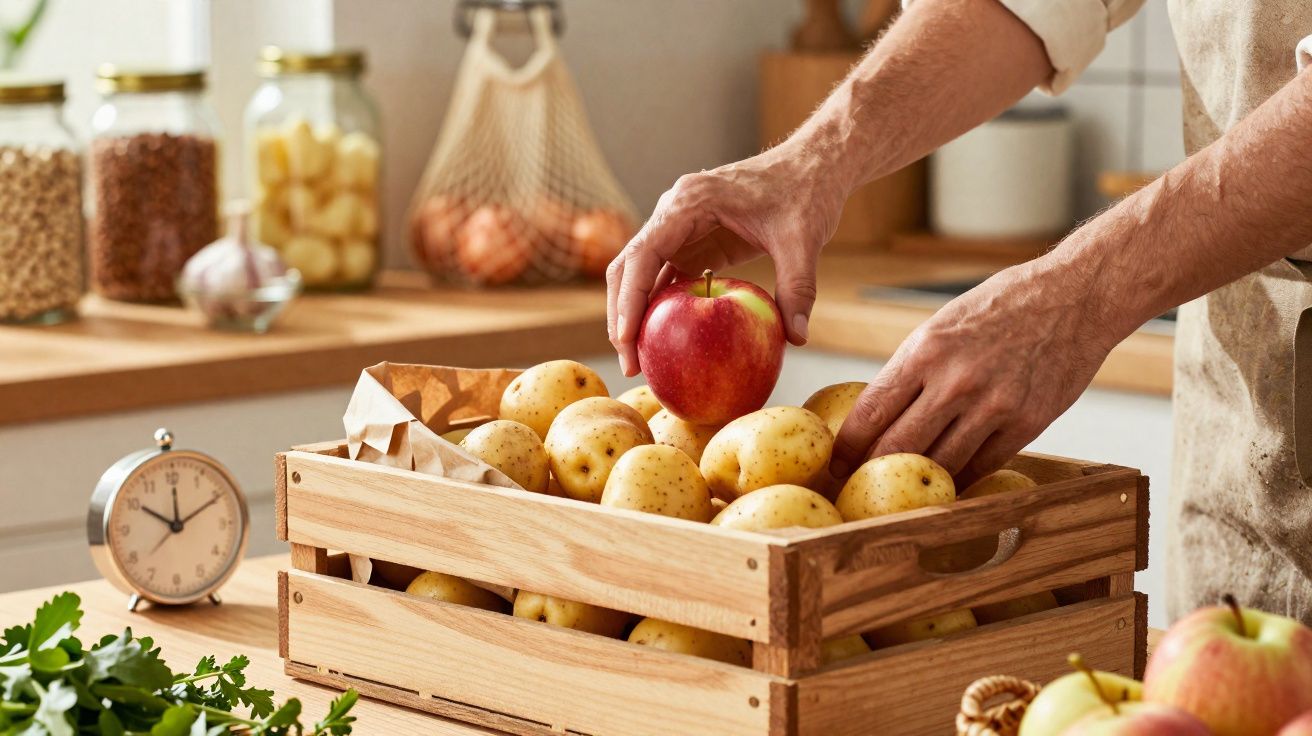 Pessoa a colocar uma maçã vermelha numa caixa de madeira cheia de batatas numa cozinha.