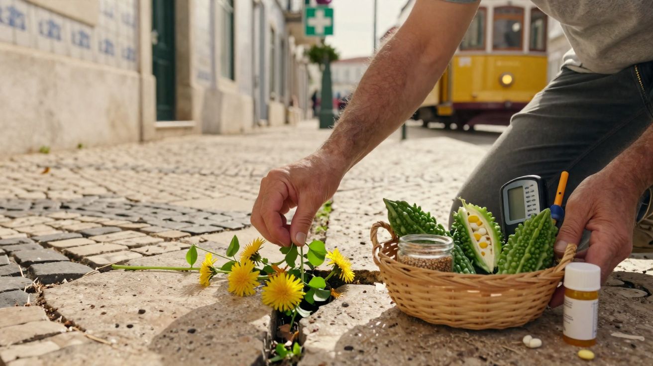 Pessoa planta flores num rés-do-chão entre calçadas com cesto de legumes e medicamentos ao lado.