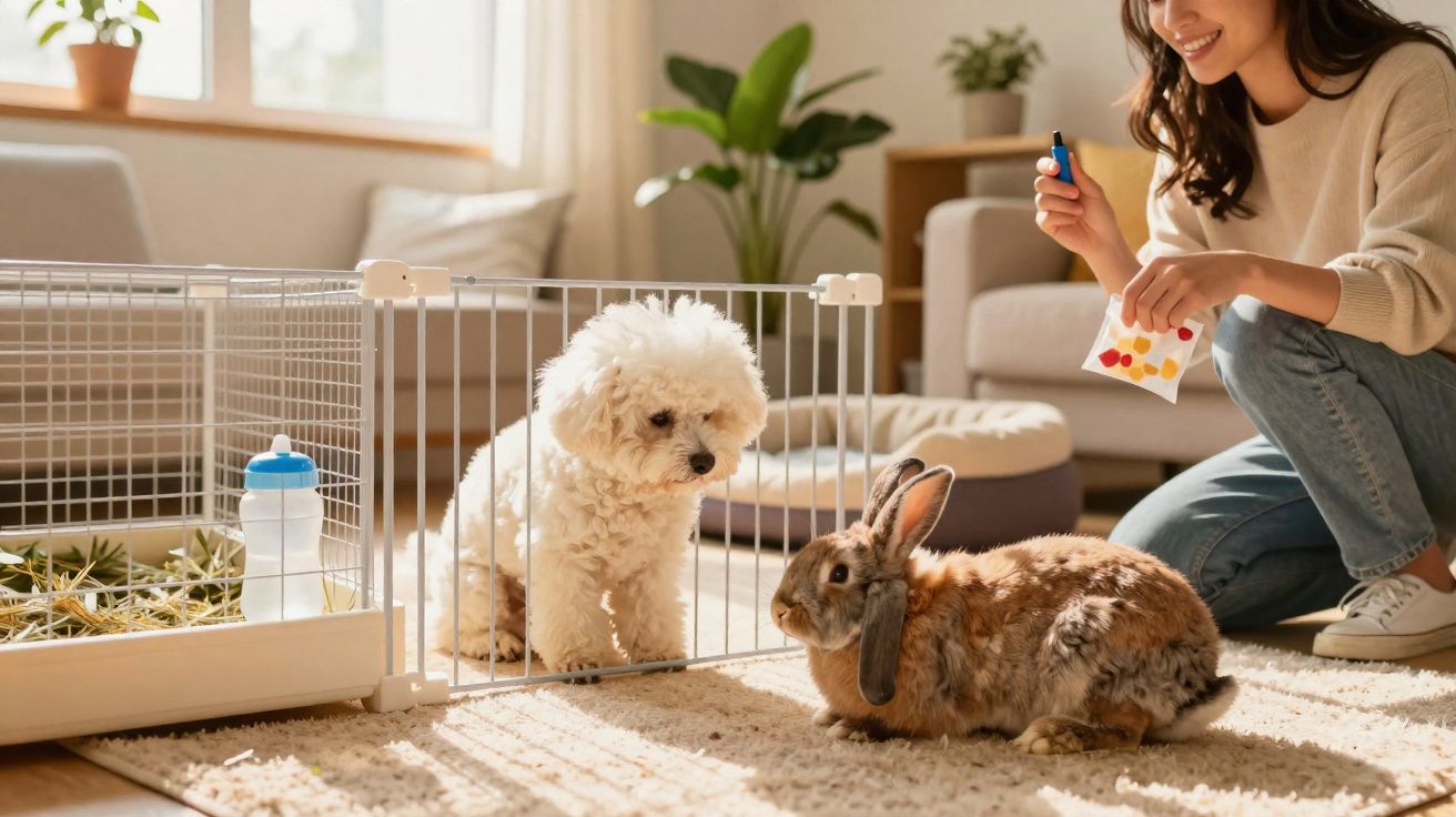 Mulher a pintar unhas enquanto cão branco observa coelho castanho num ambiente doméstico iluminado.