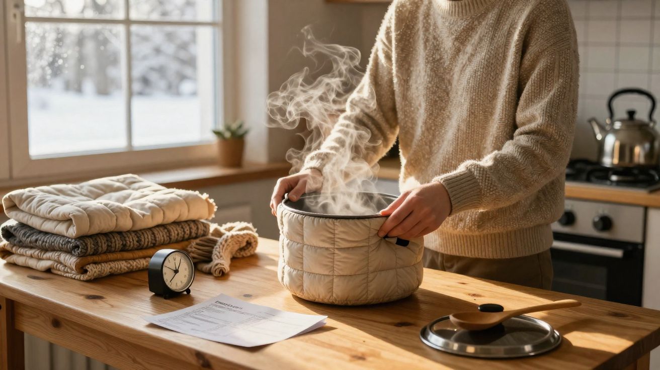 Pessoa a retirar capa térmica de panela com vapor, numa cozinha iluminada, com roupa e relógio na mesa.