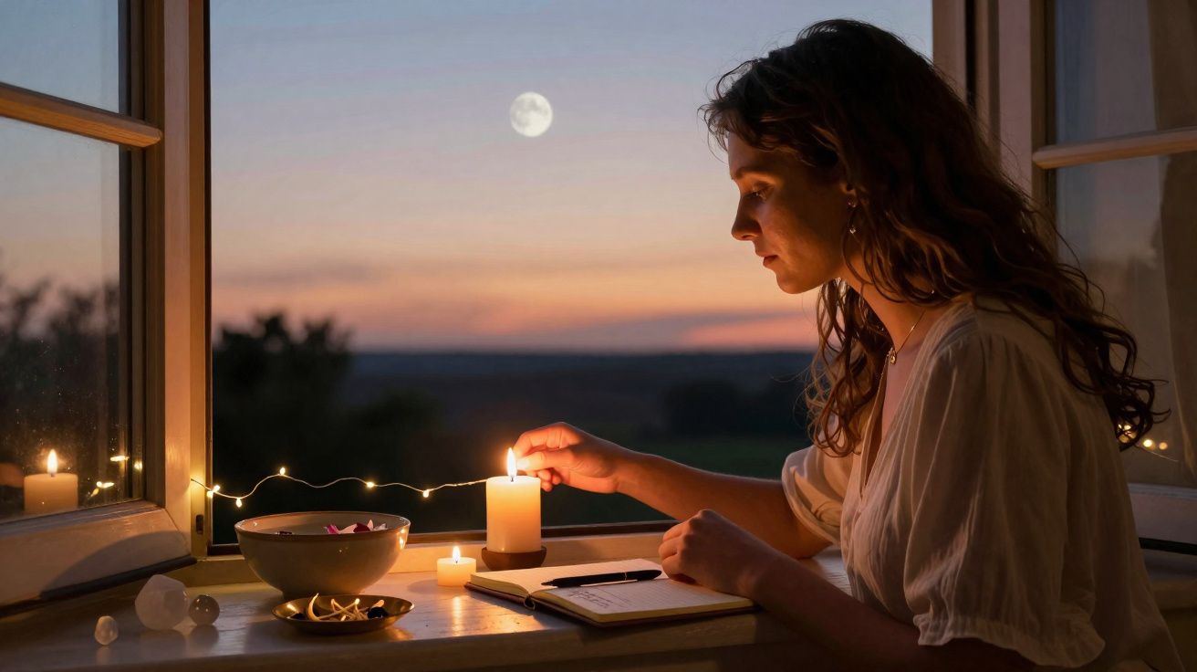 Mulher acende vela junto à janela ao luar com céu ao crepúsculo e decoração delicada na mesa.