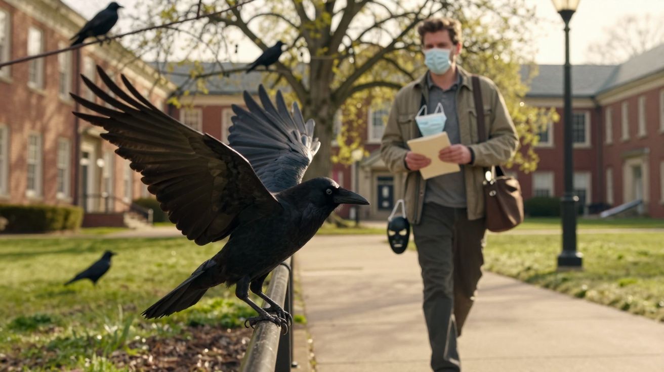 Corvo preto com asas abertas pousado numa grade, homem com máscara caminha em fundo urbano com árvores e edifícios.