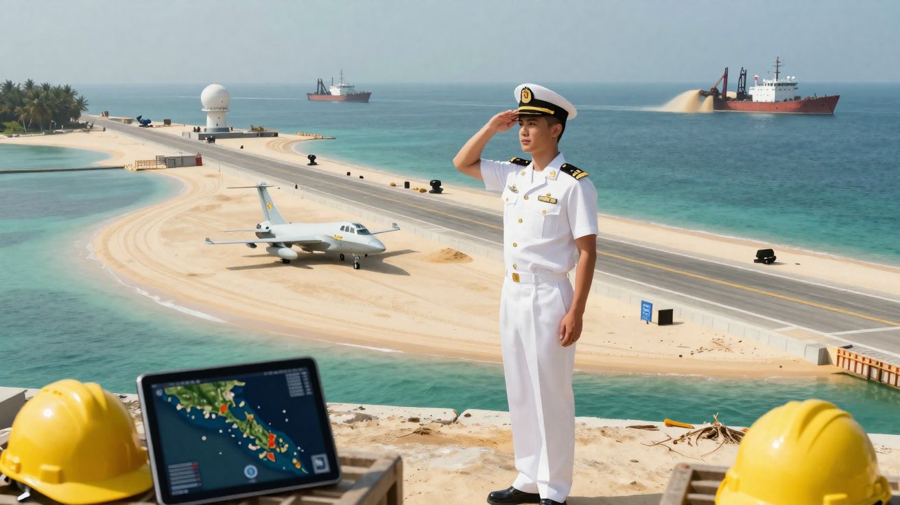 Marinheiro em uniforme branco a saudar junto a pista de pouso numa ilha artificial com avião e navios no mar.