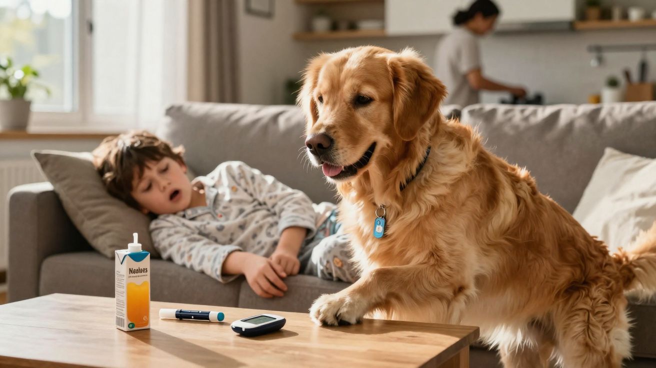 Cão dourado junto à mesa com medidor de glicose, garoto deitado no sofá e pessoa na cozinha ao fundo.