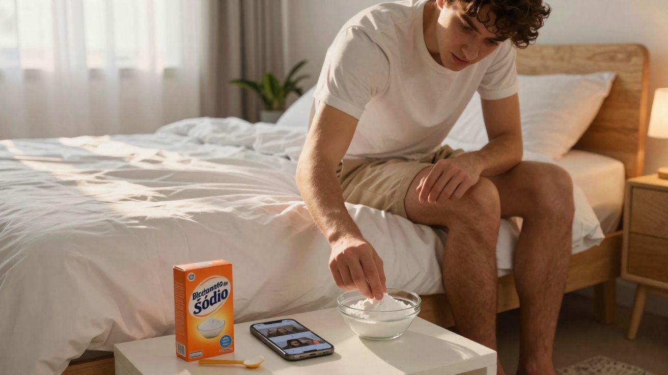 Homem sentado na cama, a mexer num recipiente com bicarbonato de sódio na mesa ao lado e telemóvel em cima da mesa.