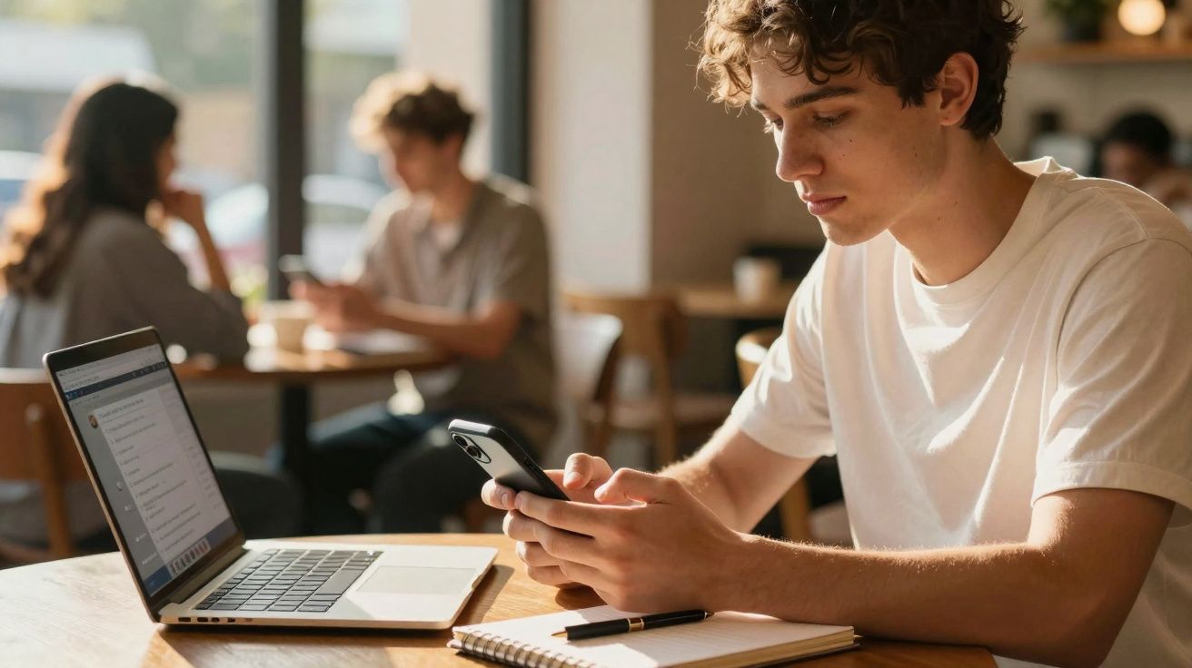Jovem concentrado a usar telemóvel próximo do portátil e caderno numa mesa de café.