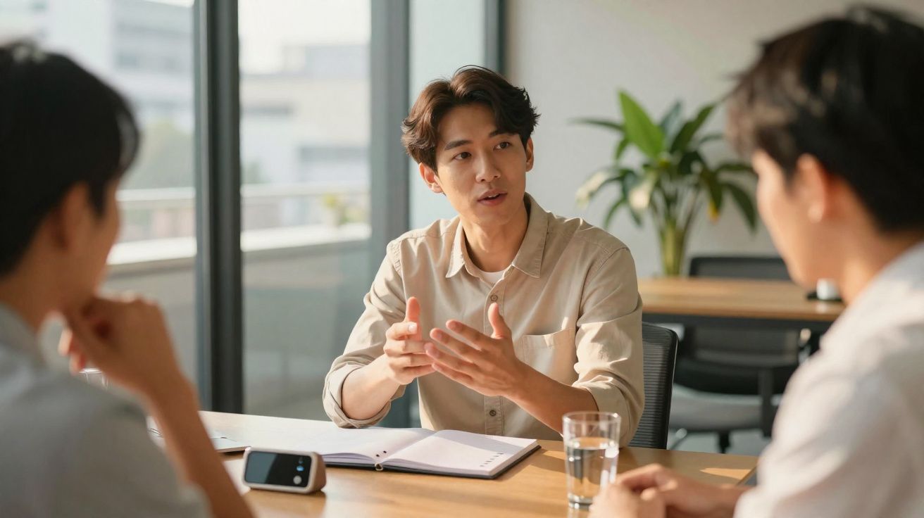 Jovem a falar e a explicar algo durante uma reunião com duas pessoas num ambiente de escritório moderno.