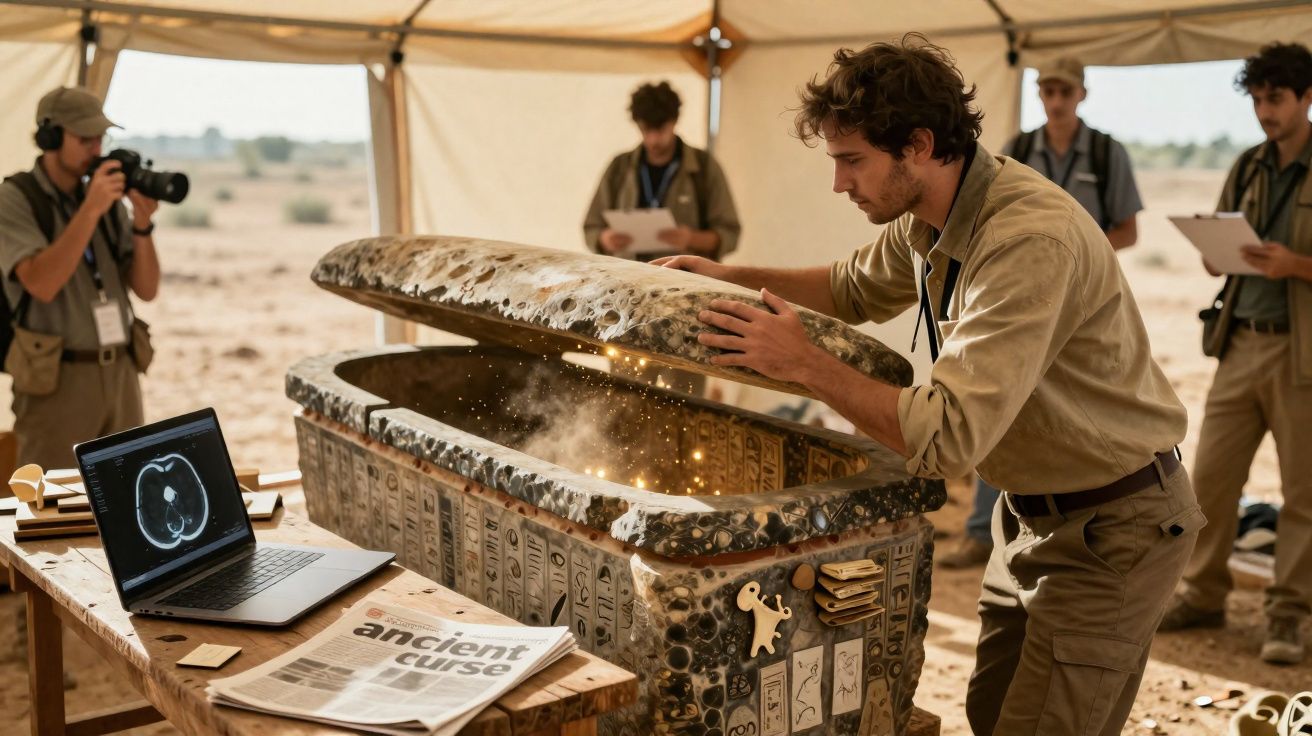 Arqueólogo abre sarcófago antigo com luzes mágicas enquanto equipa documenta e fotografa a descoberta no deserto.
