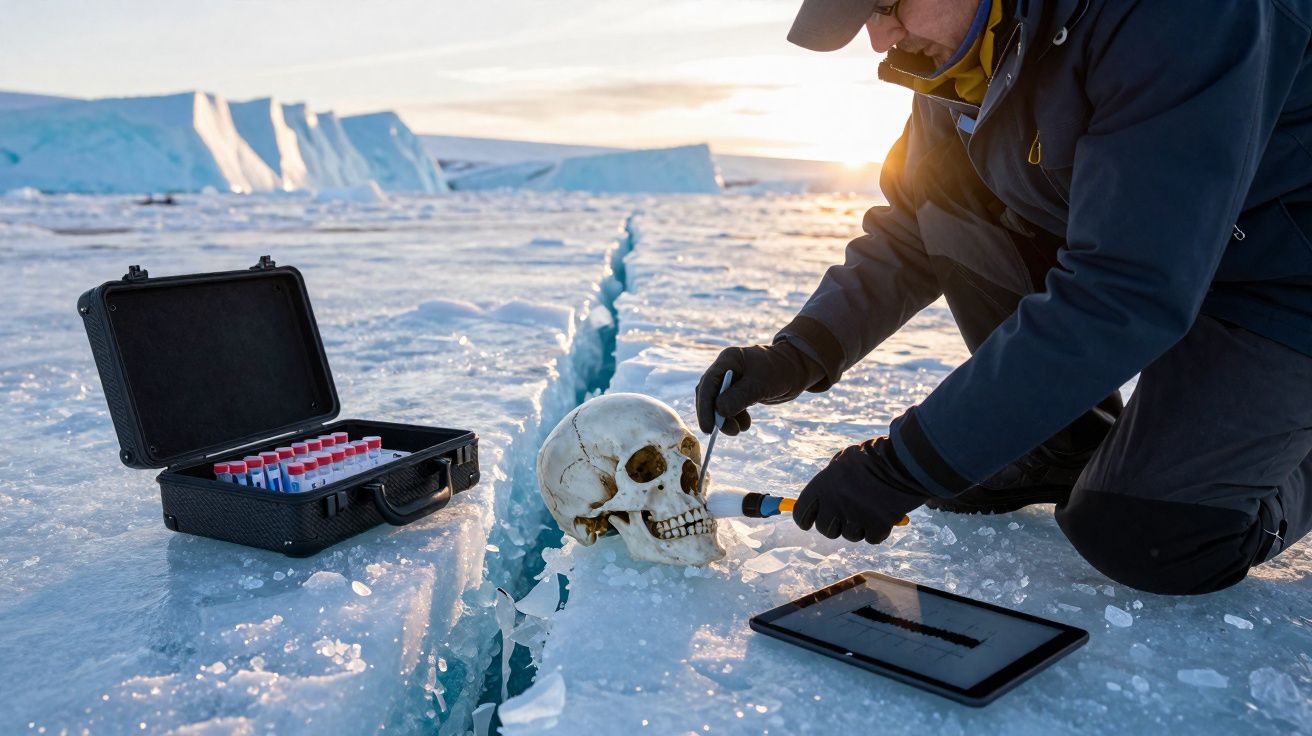 Homem a investigar um crânio humano sobre gelo com equipamento científico e tablet ao pôr do sol.