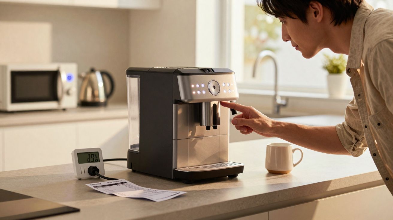 Homem a usar uma máquina de café automática numa cozinha moderna, com caneca e utensílios na bancada.