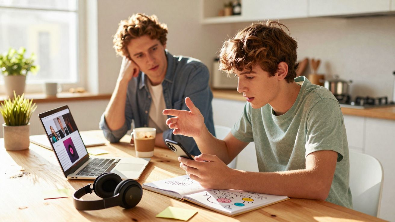 Dois jovens sentados à mesa a estudar, um com telemóvel e outro atento, com computador e auscultadores na mesa.