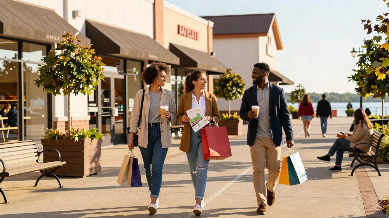 Três amigos a passear com sacos de compras e cafés num centro comercial ao ar livre num dia ensolarado.
