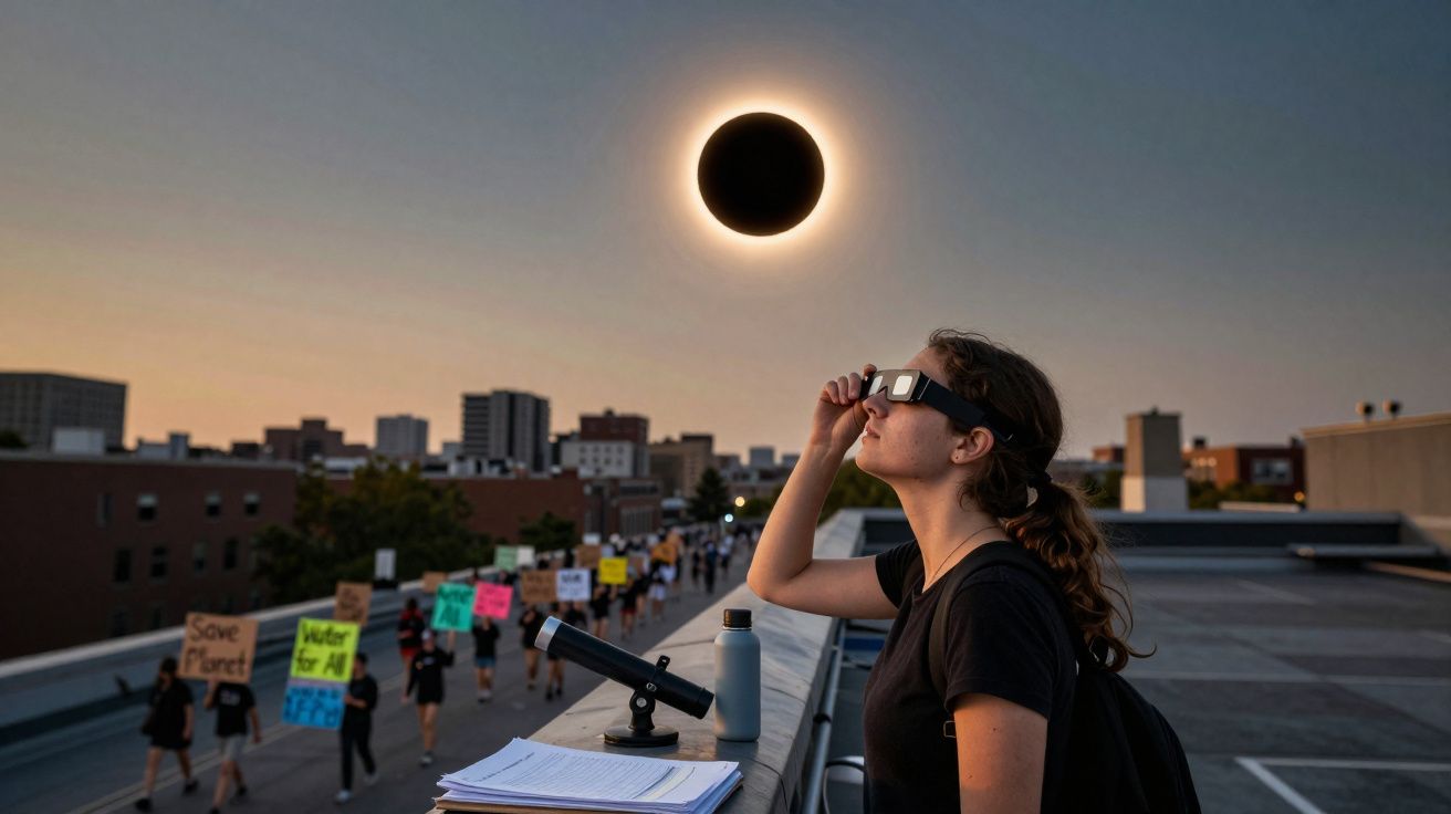 Mulher com óculos de proteção observa eclipse solar total durante manifestação urbana ao entardecer.