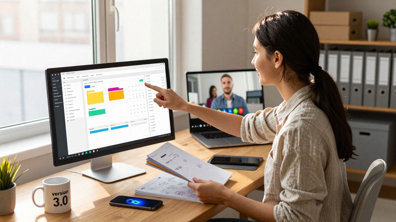 Mulher a trabalhar num escritório com computador e videochamada, apontando para o ecrã enquanto segura papéis.
