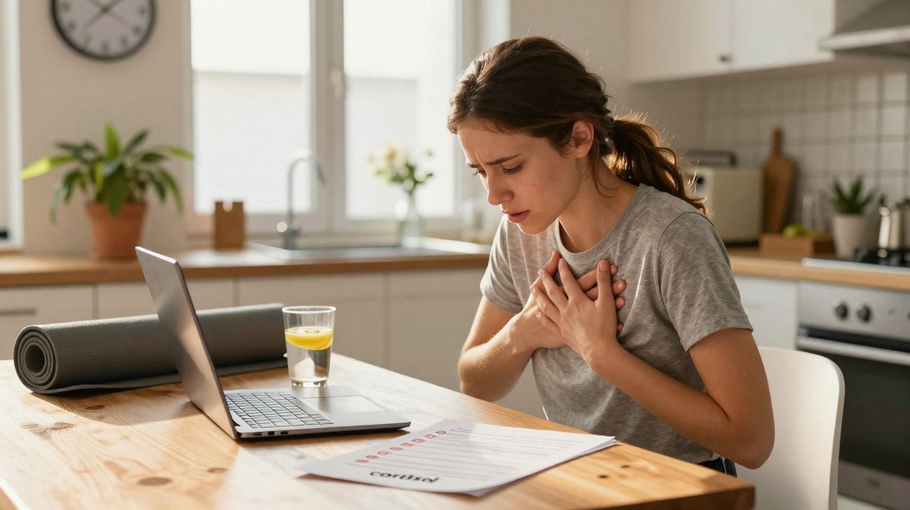 Mulher jovem em casa sentado à mesa com laptop, segurando o peito com expressão de dor.
