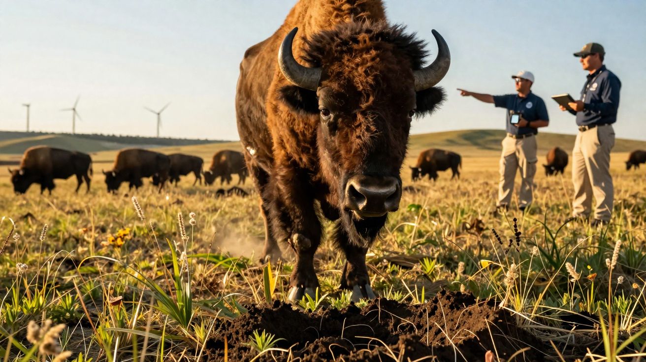 Búfalo em primeiro plano num campo, com outros búfalos e duas pessoas a observarem ao fundo.