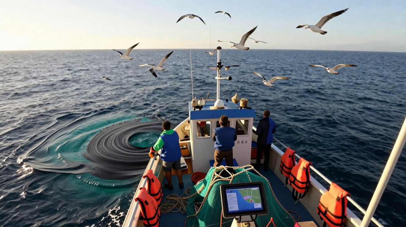Barco de pesca com três pessoas a bordo e gaivotas voando perto de um redemoinho no mar calmo.