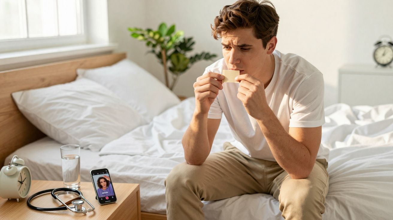 Homem sentado na cama, a consultar um medicamento, com consultas médicas digitais no telemóvel ao lado.