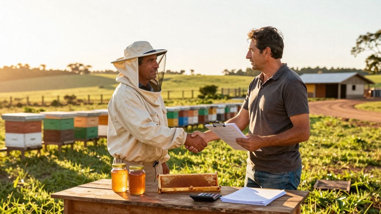 Apicultor e cliente cumprimentam-se numa colmeia ao ar livre com frascos de mel e documentação numa mesa.