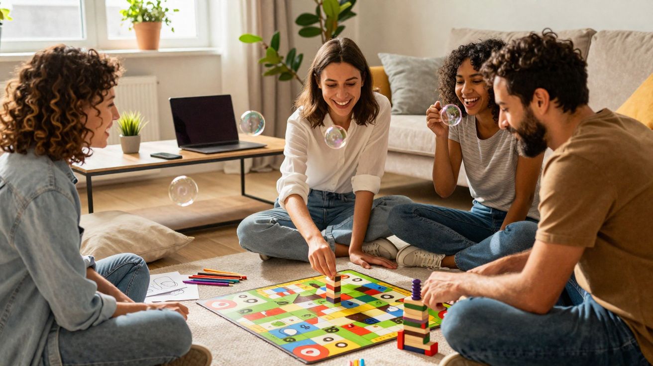Quatro adultos sentados no chão a jogar um jogo de tabuleiro numa sala iluminada e descontraída.
