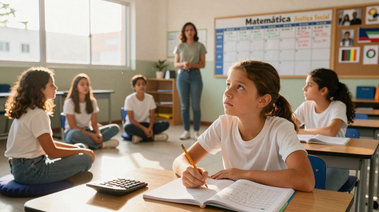 Crianças numa sala de aula de matemática, algumas sentadas no chão e outras nas carteiras a estudar.