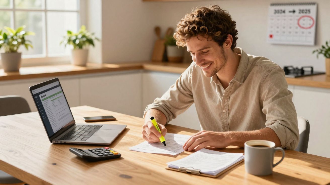 Homem a trabalhar em documentos com marcador, laptop, calculadora e café numa mesa de madeira clara.