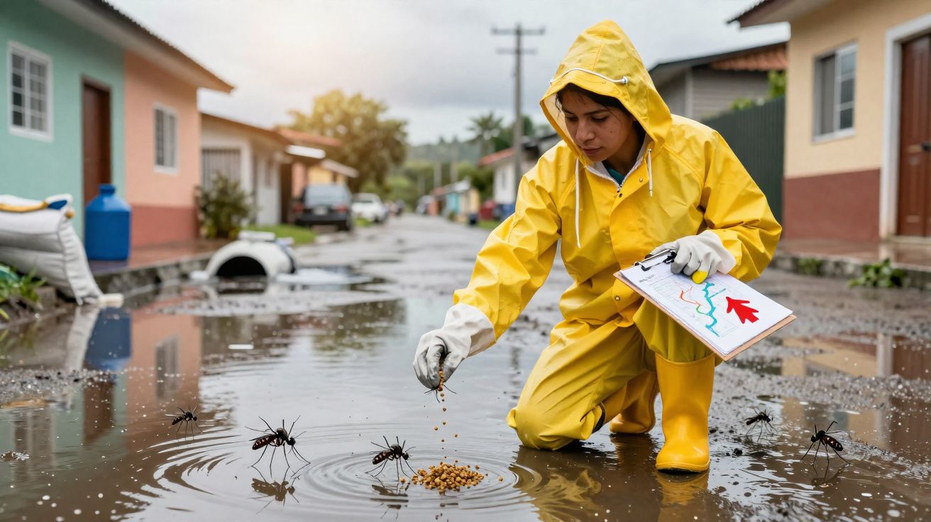 Pessoa em fato amarelo alimenta formigas gigantes numa rua alagada com casas ao fundo.