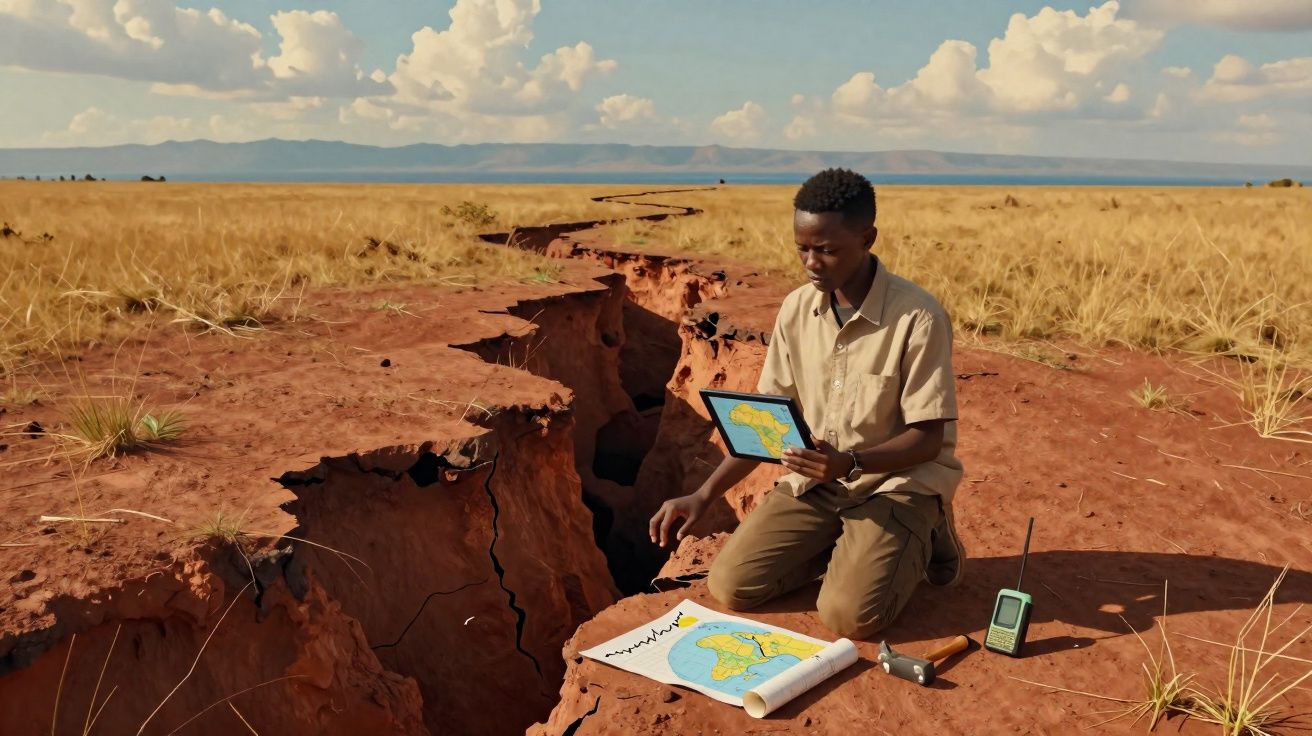 Homem com tablet estuda mapa próximo a grande fissura no solo em área seca e aberta.