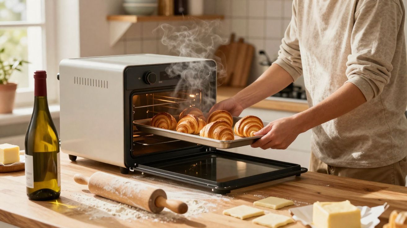 Pessoa a tirar croissants quentes e fumegantes do forno numa cozinha acolhedora com utensílios na bancada.
