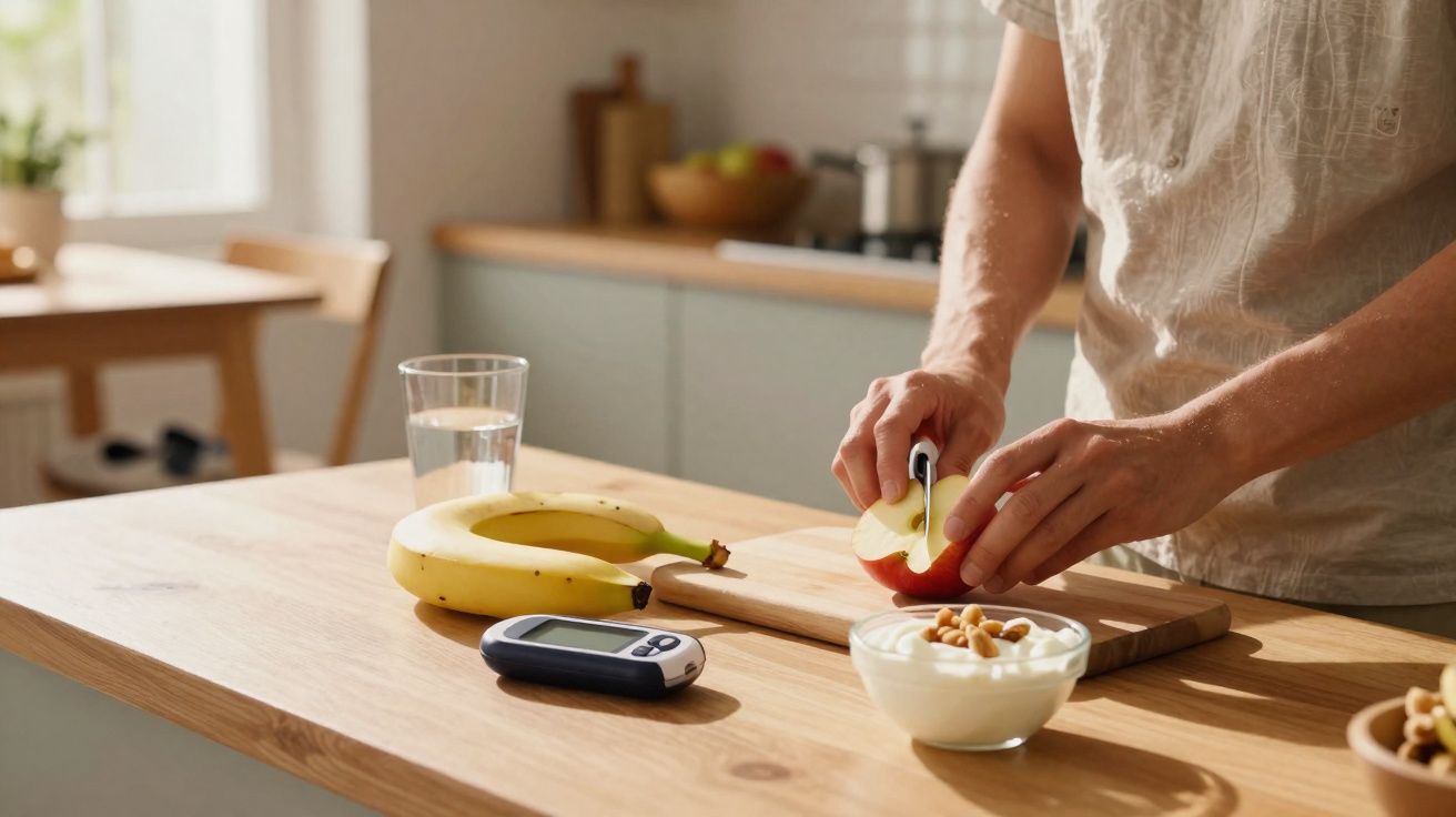 Pessoa a cortar maçã na cozinha com bananas, iogurte, copo de água e monitor de glicose na mesa.