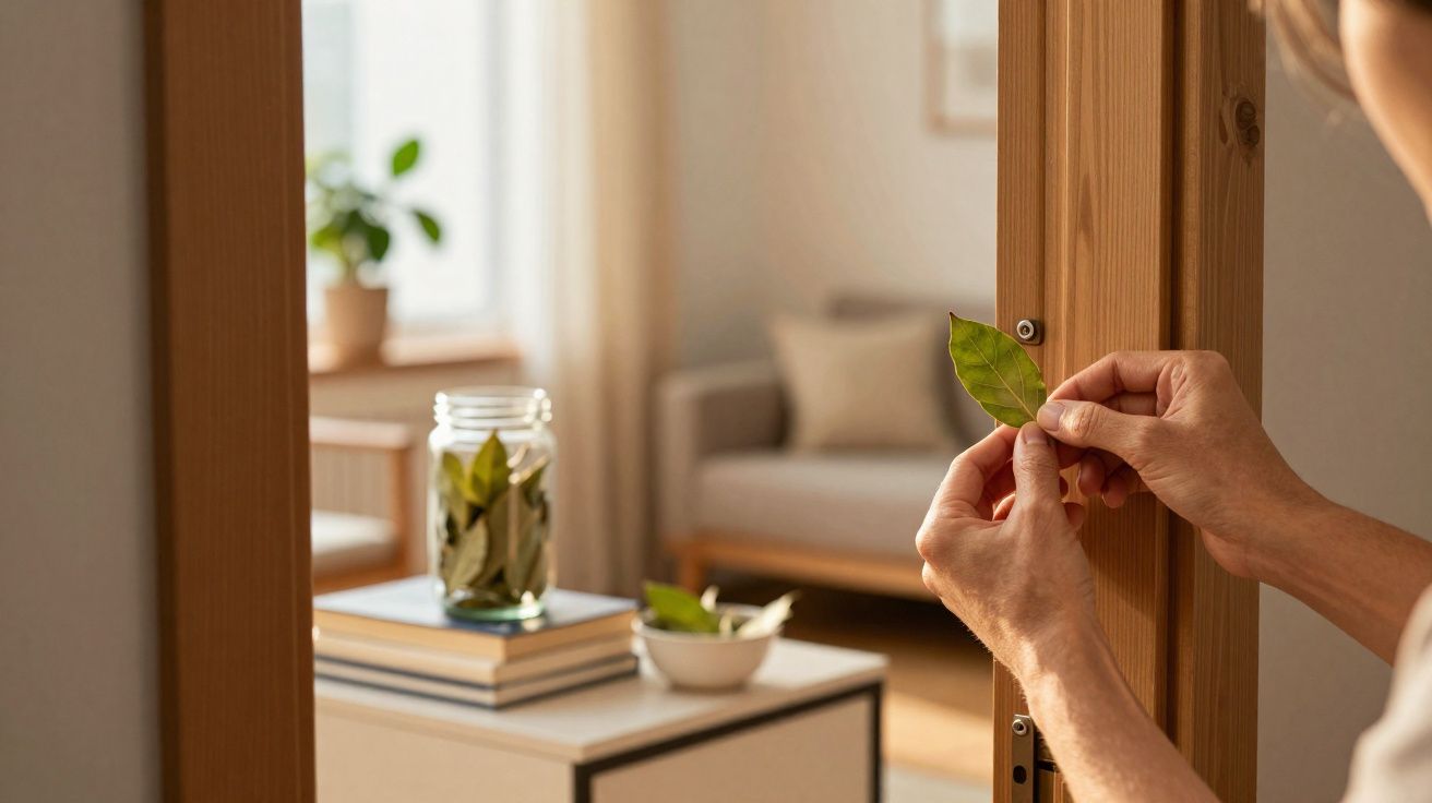 Pessoa a colocar folhas verdes numa estrutura de madeira junto a uma sala de estar com sofá e jarra de vidro.