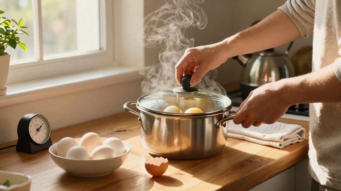 Pessoa a levantar a tampa de uma panela com ovos a cozinhar em vapor numa cozinha iluminada.