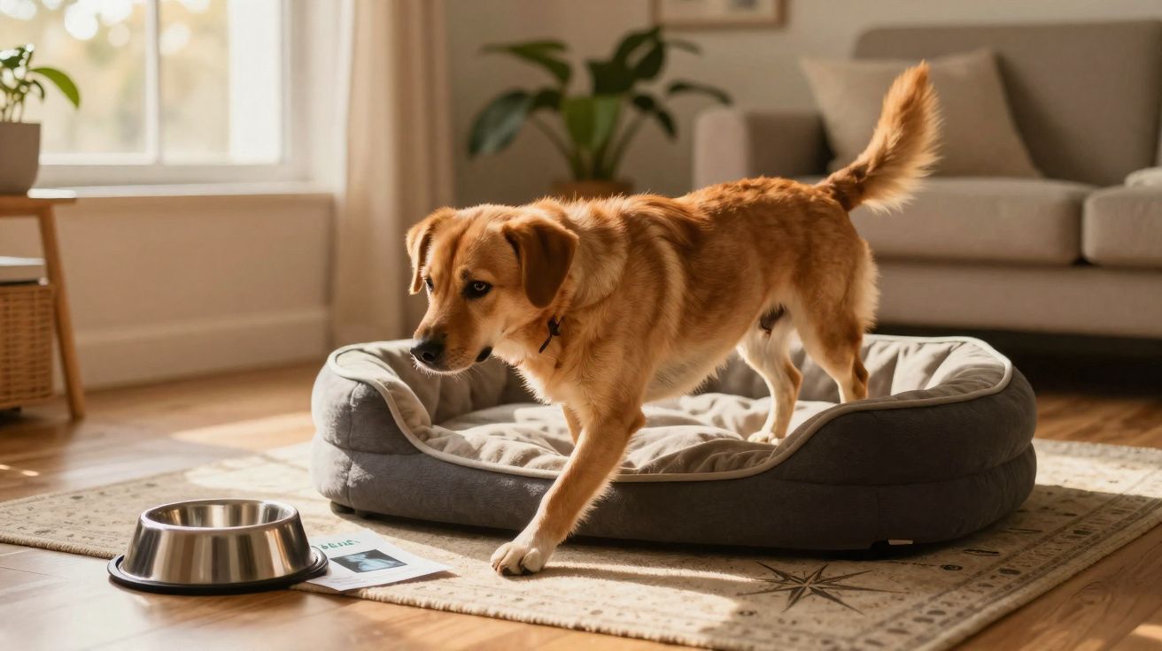 Cão castanho a sair da cama para cão, perto de um prato de comida numa sala iluminada por luz natural.
